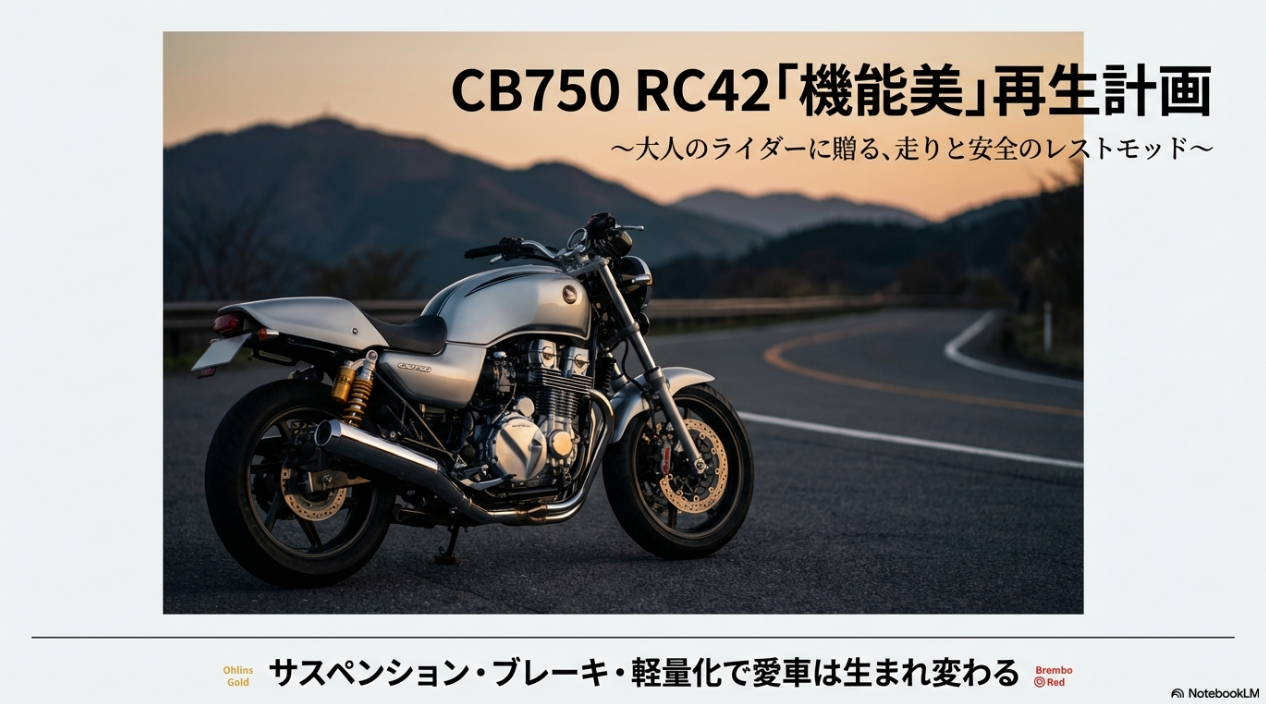 CB750 RC42のカスタムは外観より中身を磨け。現代スペックに蘇る「大人のレストモッド」 夕暮れ時のCB750 RC42の写真と機能美再生計画というタイトル文字