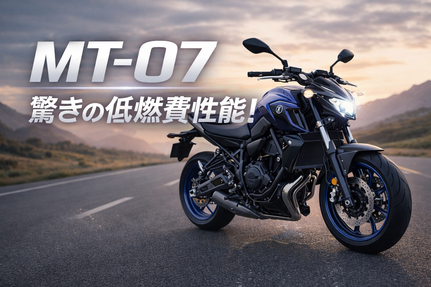 夕景の道路に停車したヤマハMT-07の実写風アイキャッチ画像。「MT-07」「驚きの低燃費性能！」のテキスト入り。
