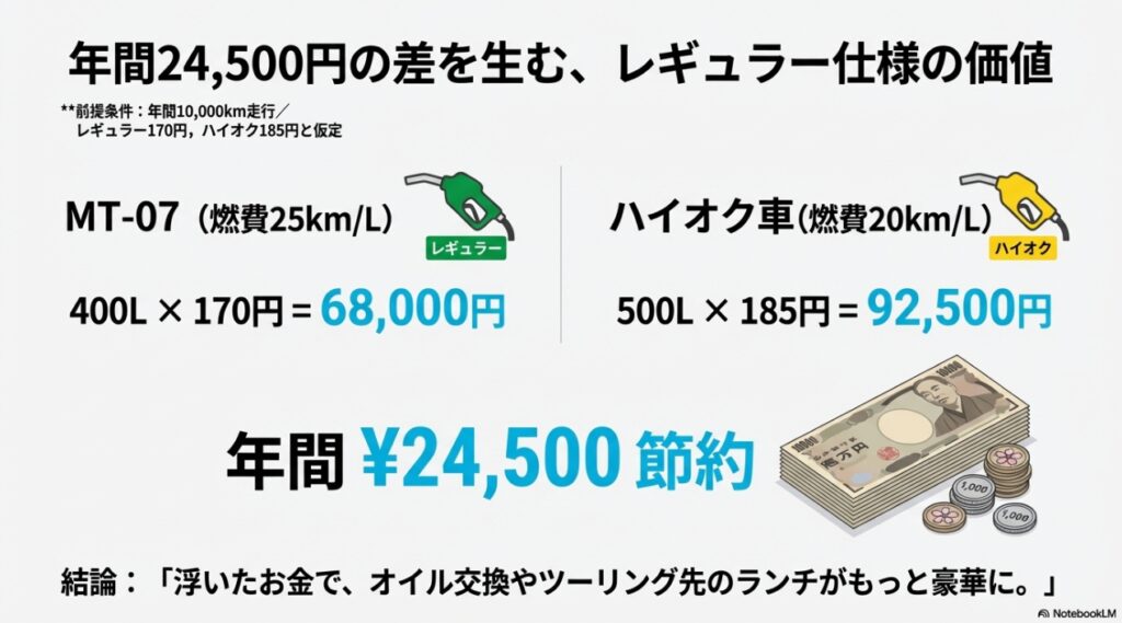 MT-07燃費の実態!悪い噂は嘘?タンク容量13Lでもツーリング余裕な理由を徹底解剖 MT-07のレギュラーガソリン仕様による年間維持費の節約効果試算