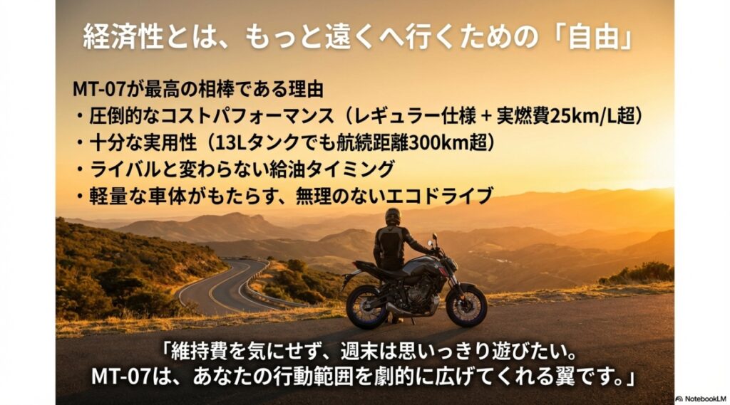 MT-07燃費の実態!悪い噂は嘘?タンク容量13Lでもツーリング余裕な理由を徹底解剖 MT-07の経済性がもたらすツーリングの自由とメリットのまとめ
