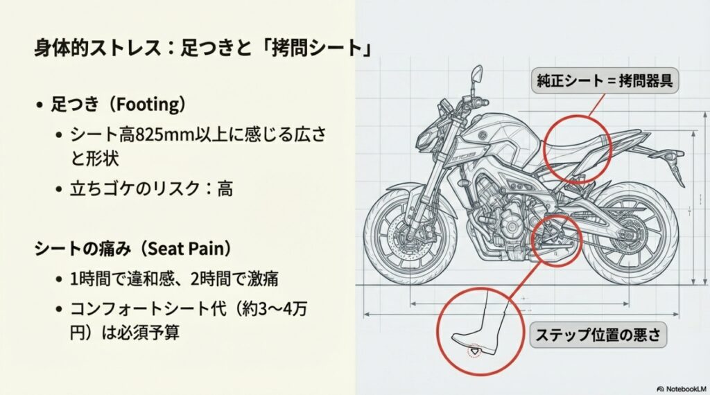 MT-09の純正シート形状によるお尻の痛みとステップ位置による足つきの悪さの図解