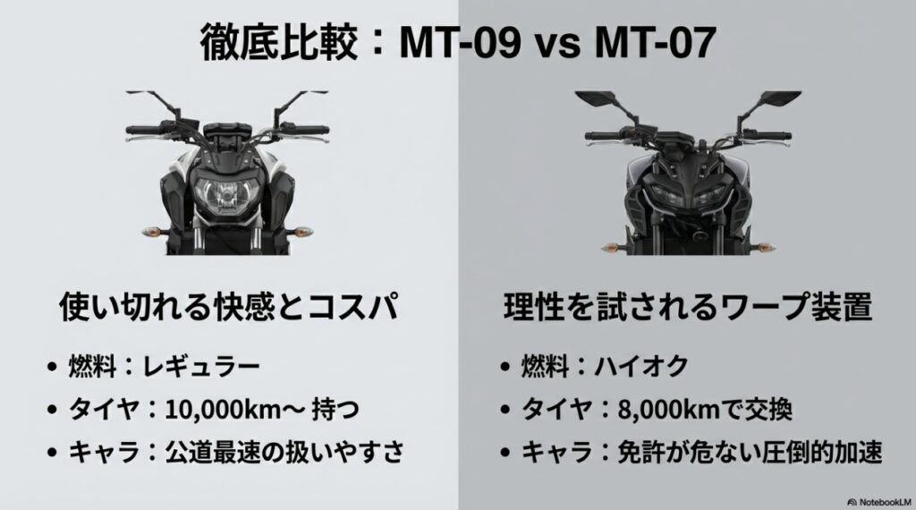 ヤマハMT-09とMT-07の維持費・タイヤ消耗・キャラクター性の徹底比較