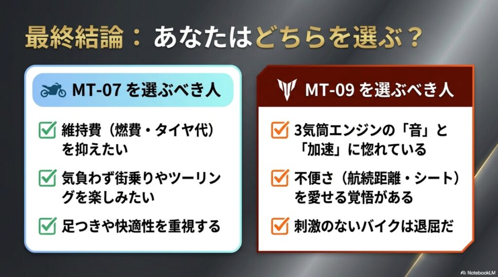 MT-09とMT-07どちらを買うべきか判断するためのチェックリスト