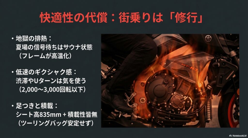 MT-10の排熱問題と街乗りでの操作性、足つきの悪さについて
