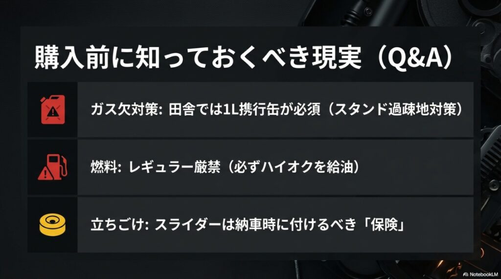 MT-10購入前のよくある質問（ガス欠、燃料、立ちごけ対策）