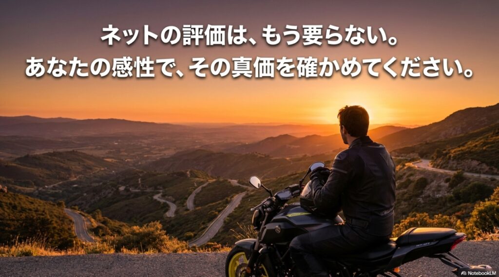 ネットの評価よりも自分の感性でMT-07の真価を確かめることを促すメッセージ