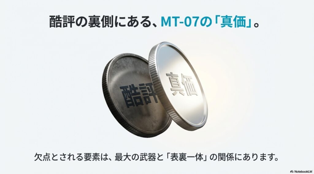 酷評と真価は表裏一体であることを象徴するコインのイラスト