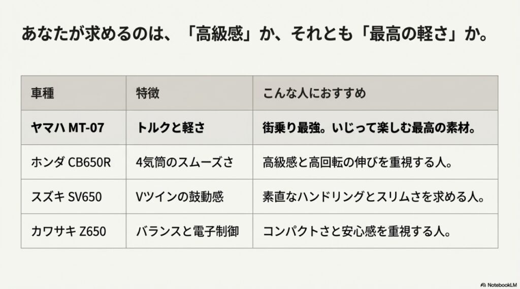 MT-07と競合車（CB650R, SV650, Z650）の特徴とおすすめユーザーをまとめた比較チャート