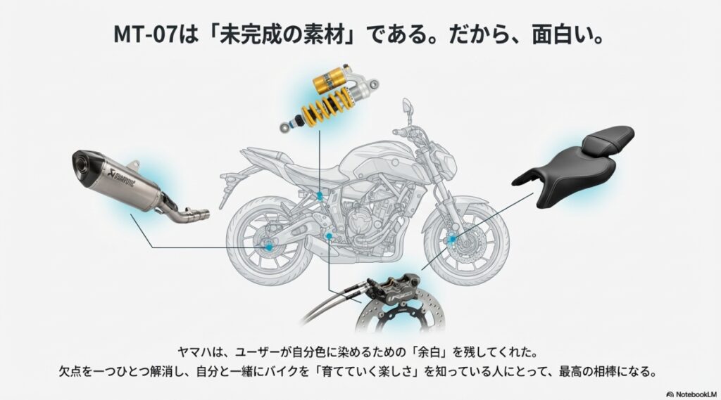 マフラーやサスペンション、シートなどMT-07の欠点を補う豊富なカスタムパーツ群