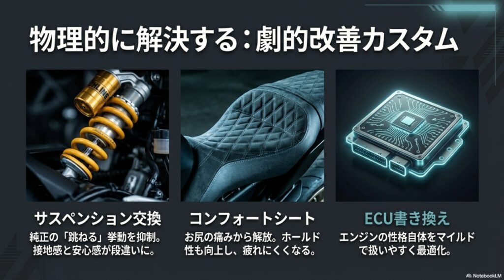 MT-09を乗りやすくするカスタム：サスペンション、コンフォートシート、ECU書き換え