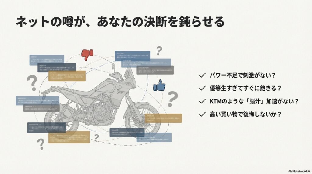 テネレ700のイラスト。「パワー不足で刺激がない？」「優等生すぎて飽きる？」といったネット上のネガティブな噂と、購入を迷うユーザーの心理を描いた図解。