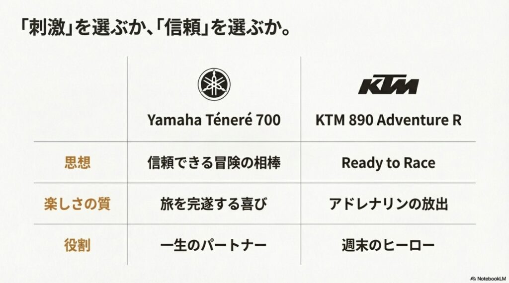 ヤマハ・テネレ700とKTM 890 Adventure Rの比較表。信頼できる相棒か週末のヒーローか、それぞれの開発思想と楽しさの質の違いをまとめた比較図。