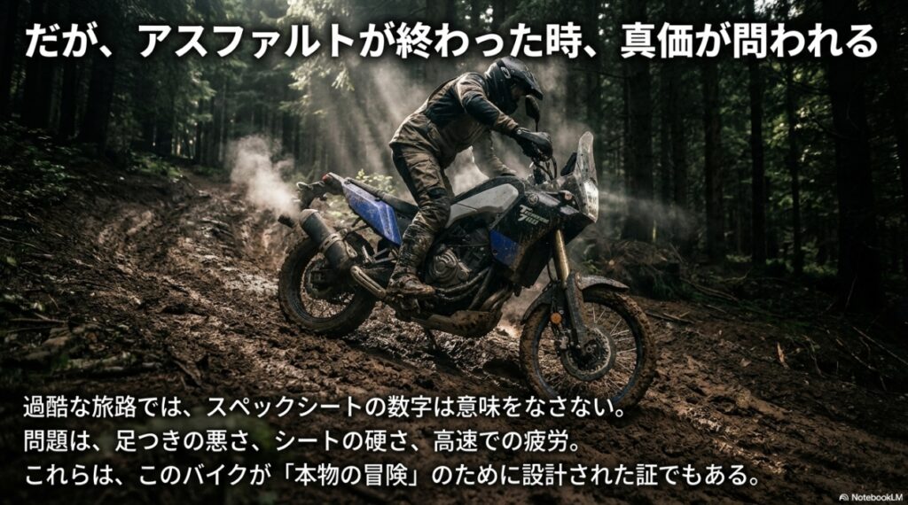 アスファルトが終わった場所で真価が問われるというメッセージ。足つきの悪さやシートの硬さは、本物の冒険のために設計された証であることを説明したスライド。