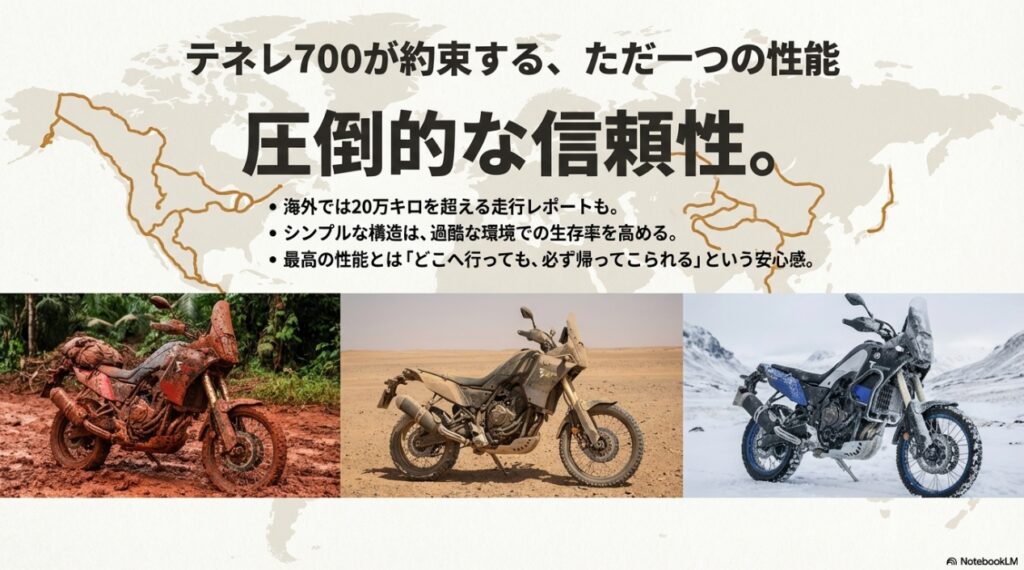 激しいオフロード走行で泥だらけになったテネレ700の写真。20万キロを超える走行実績や、シンプルな構造が生む生存率の高さを訴求する画像。