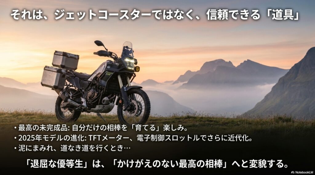 夕日の中に佇むパニアケースを装備したテネレ700。退屈な優等生ではなく、かけがえのない最高の相棒へと変貌するという記事の結論をまとめた画像。