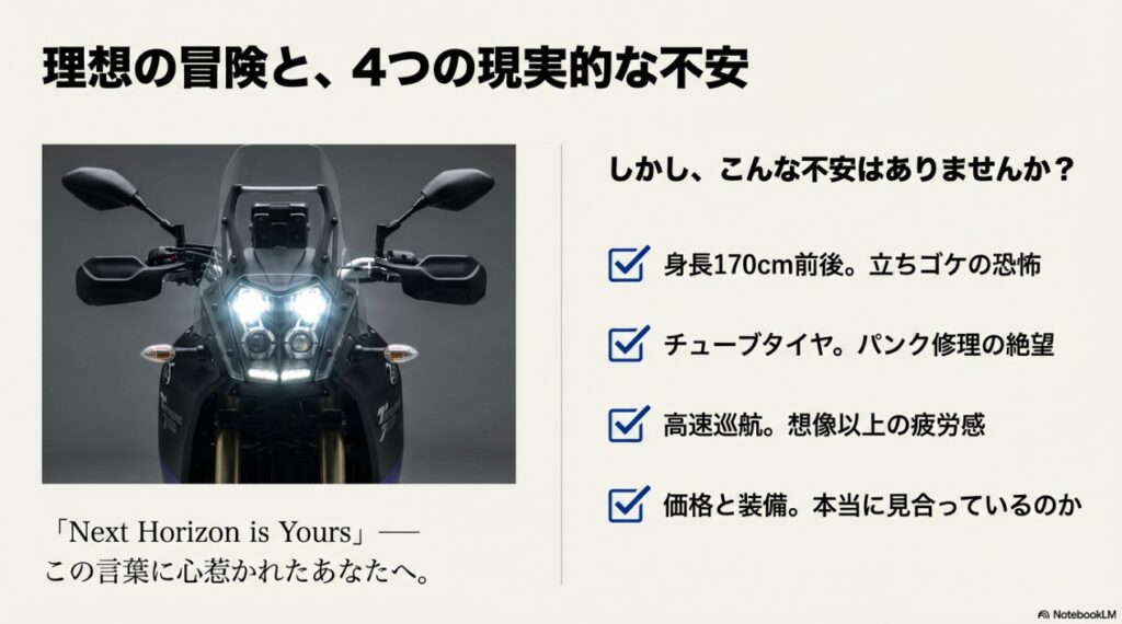 ヤマハ テネレ700のフロントマスクと、身長やパンク修理、高速巡航、価格に関する購入前の不安リスト