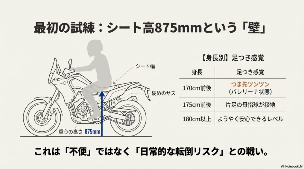 テネレ700のライディングポジション図解、シート高875mmの重心位置と身長170cm・175cm・180cm別の足つき感覚表