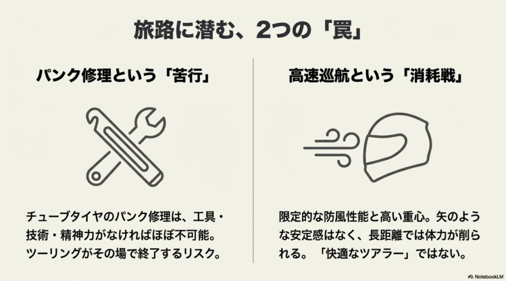 テネレ700のデメリットであるチューブタイヤのパンク修理の難しさと高速道路での風圧疲労を示すアイコンイラスト