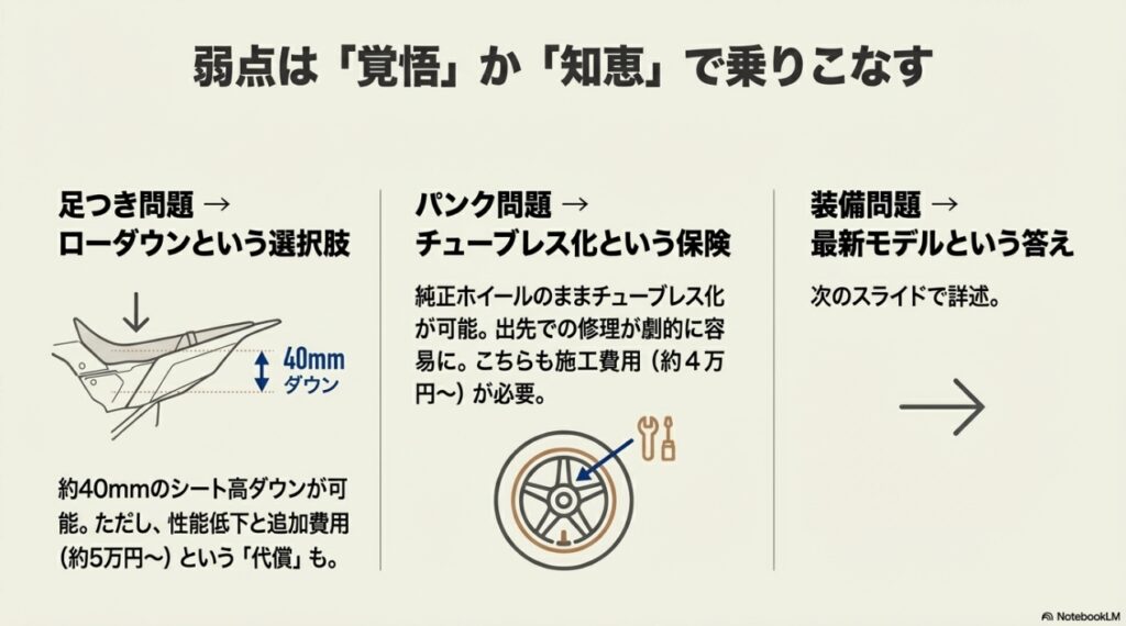 シート高を40mm下げるローダウンの図解と純正ホイールをチューブレス化するカスタムのイメージ