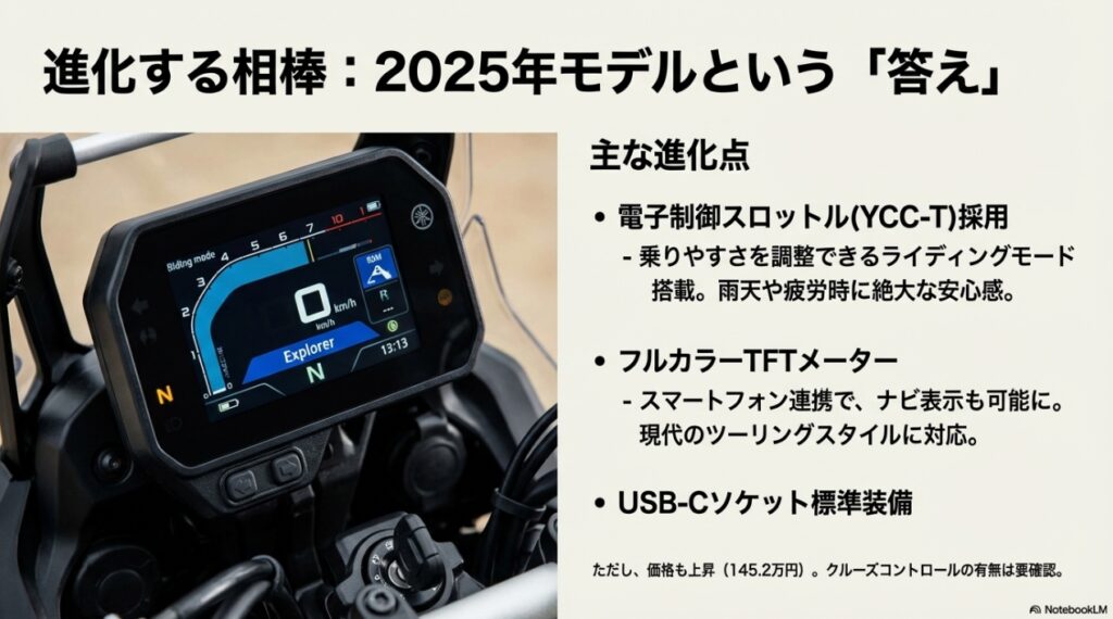 スマートフォン連携やナビ表示に対応した2025年モデルテネレ700のフルカラーTFTメーターとYCC-Tなどの進化ポイント一覧