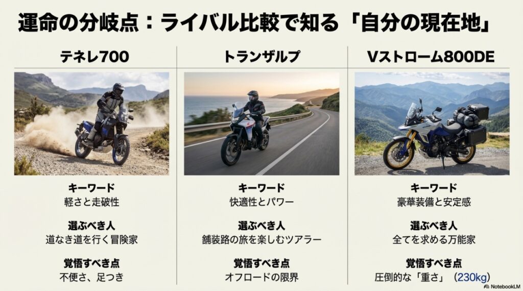 ヤマハ テネレ700、ホンダ トランザルプ、スズキ Vストローム800DEの3車種比較チャート。オフロード性能か快適性かの選び分けガイド