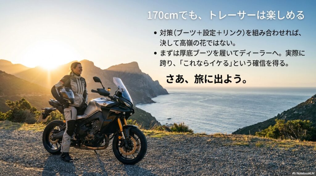 身長170cmでも対策を組み合わせればトレーサー9GTを楽しめるという結論と、旅に出ようというメッセージ