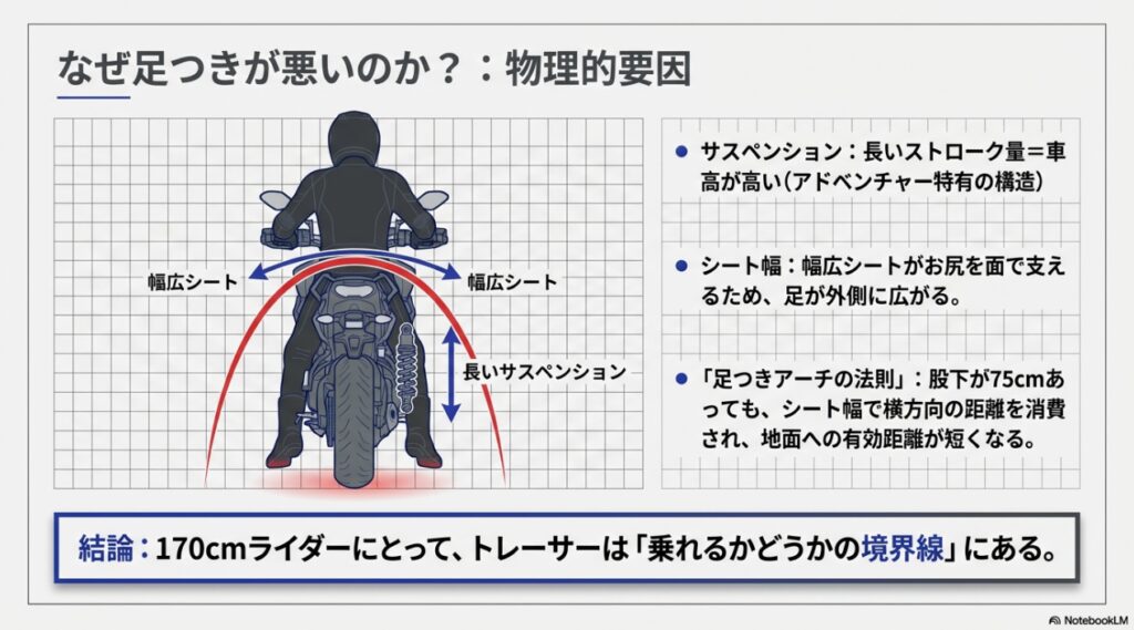 幅広シートと長いサスペンションが170cmライダーの足つきに与える影響と足つきアーチの法則の図解
