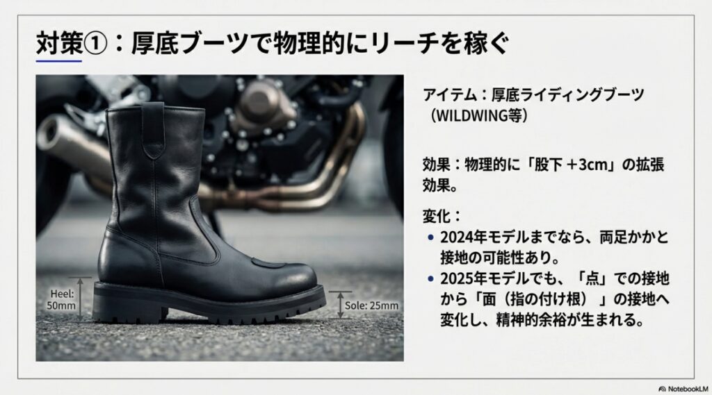 ワイルドウイング等の厚底ライディングブーツ（ソール25mm・ヒール50mm）による股下3cmアップ効果の解説