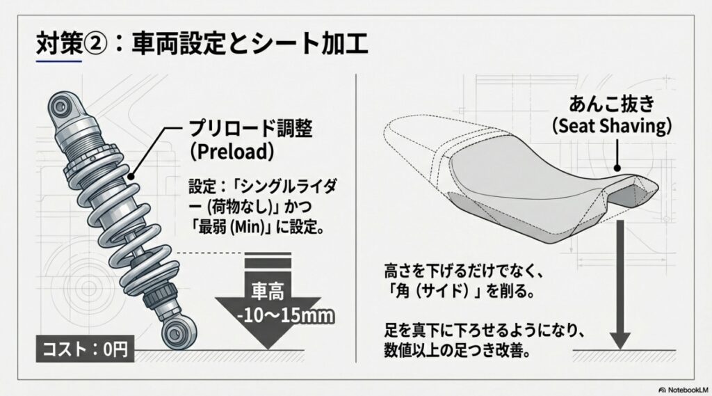 リアサスペンションのプリロード調整（最弱設定）とシートの角を削るあんこ抜き加工による車高ダウンの仕組み