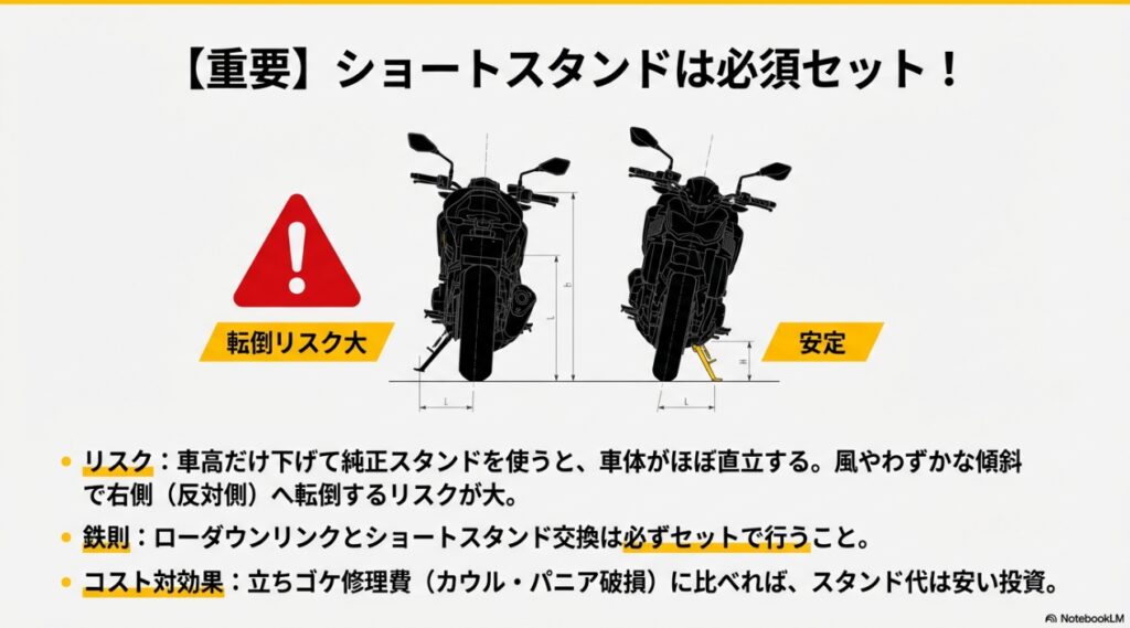 ローダウン車で純正スタンドを使用した際の右側転倒リスクと、ショートスタンド交換による安定性の比較図