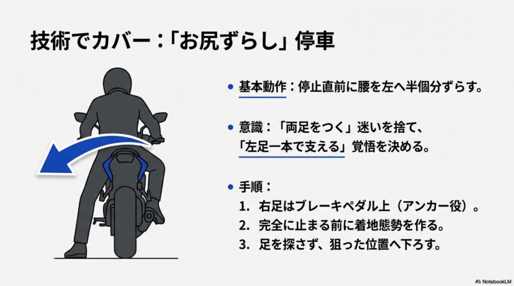 停車直前に腰を左へずらして左足一本で車体を支えるお尻ずらし停車の基本動作図解