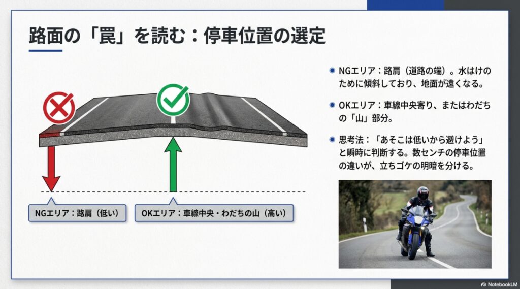 道路の路肩（NGエリア）と車線中央やわだちの山（OKエリア）による足つき性の違いを示した図解