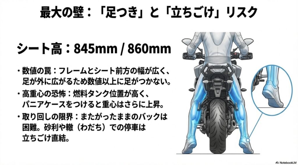 トレーサー9GTの足つきの悪さと立ちごけリスクを示すライディングポジション図
