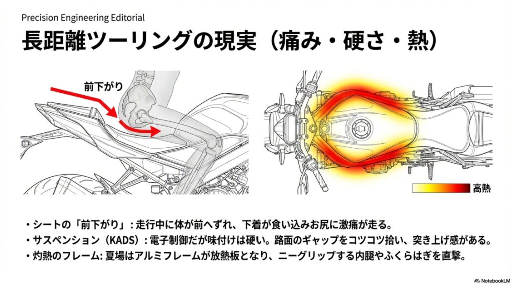 シートの前下がり形状による前滑りとエンジンのフレーム排熱の図解