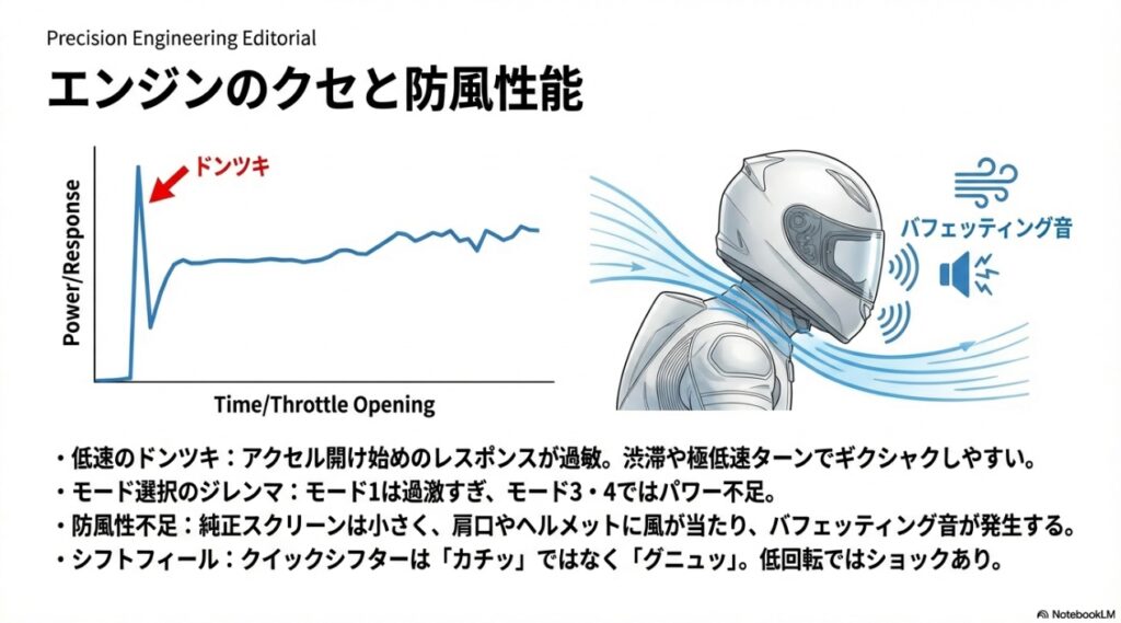 低速域でのドンツキ発生メカニズムとバフェッティング音のイメージ図