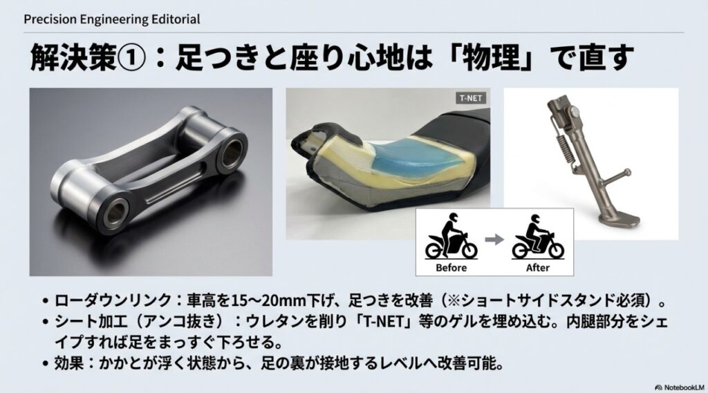 ローダウンリンクとT-NETシート加工による足つき改善の解決策