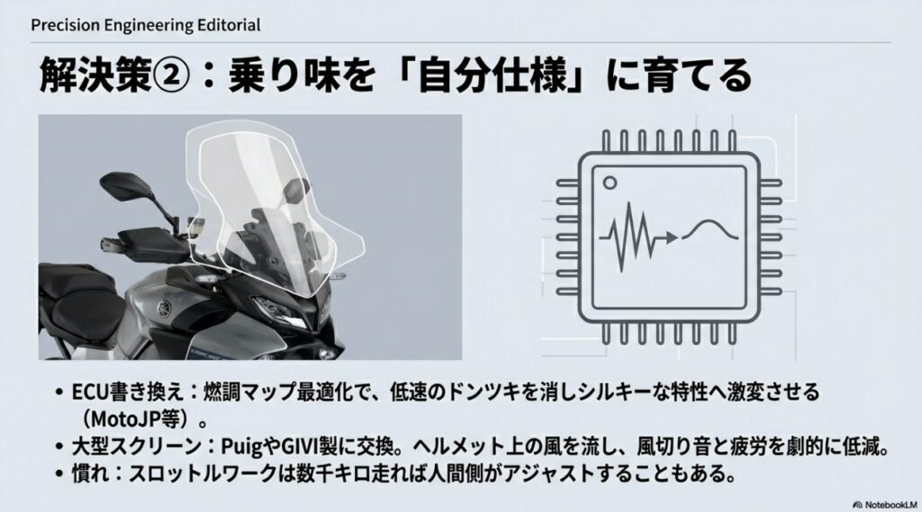 ECU書き換えによる燃調最適化と社外スクリーンによる防風対策