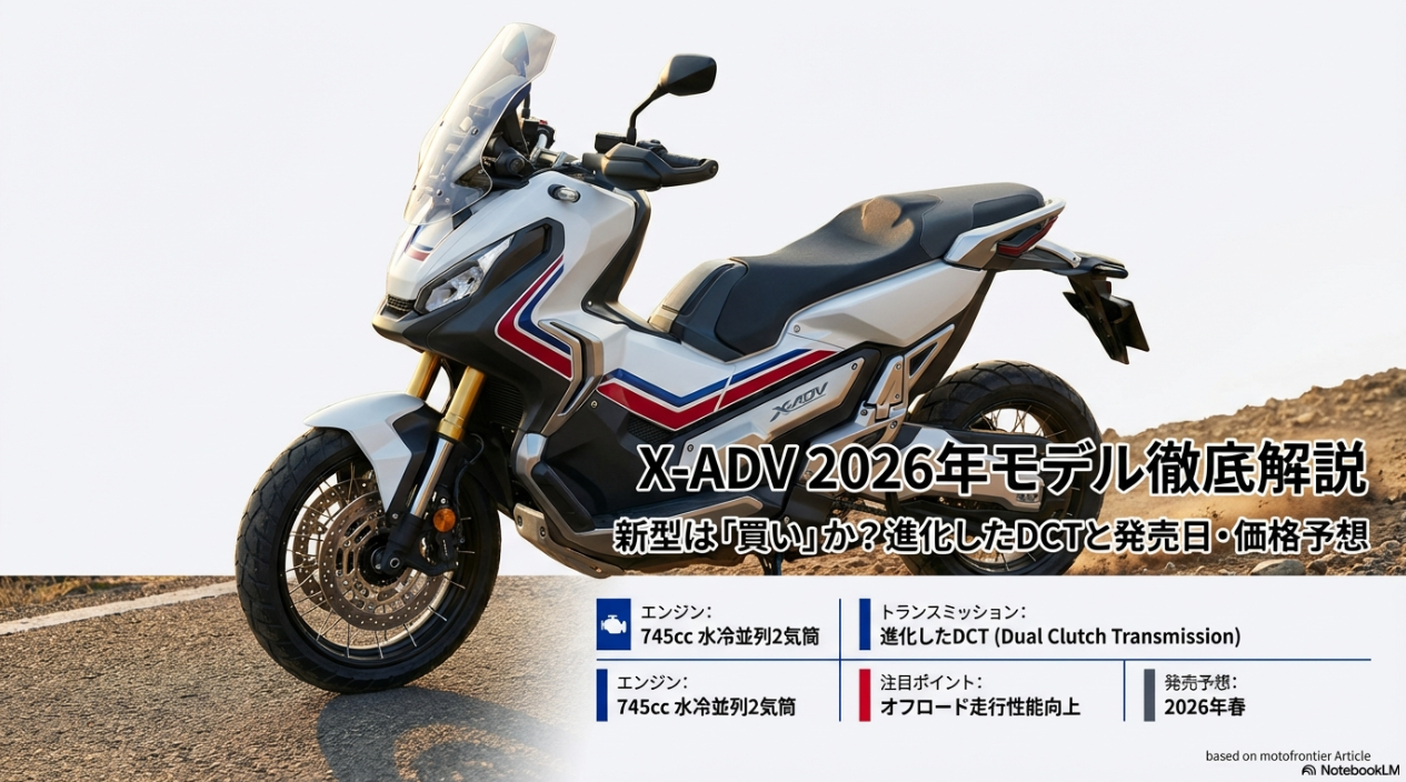 Honda X-ADVの2026年モデル徹底解説!進化したDCTと足つきの真実|TMAX比較も Honda X-ADV 2026年モデル徹底解説 タイトルスライド