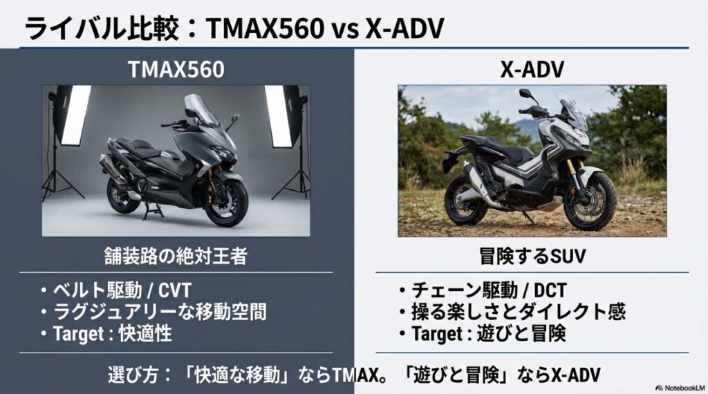Honda X-ADVの2026年モデル徹底解説!進化したDCTと足つきの真実|TMAX比較も Honda X-ADVとYamaha TMAX560のコンセプト比較画像