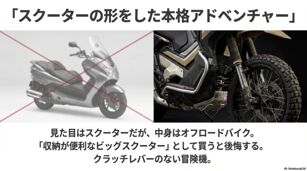 X-ADVは見た目はスクーターだが中身は本格アドベンチャーバイクであることを示す比較画像