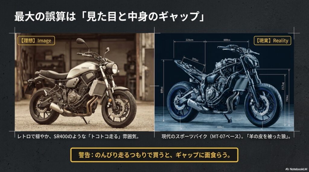 XSR700のレトロな見た目（理想）とMT-07ベースのスポーツ性能（現実）のギャップ比較