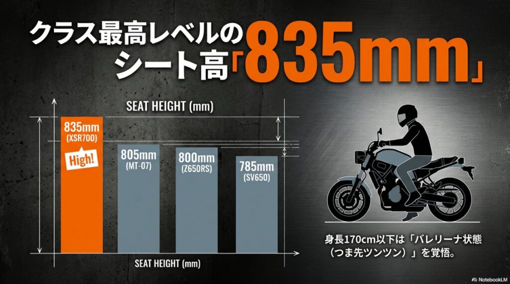 XSR700のシート高835mmとライバル車（MT-07、Z650RS）の足つき比較図