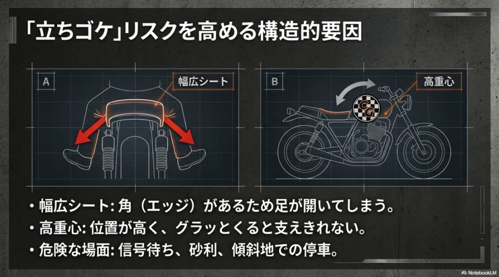 XSR700の幅広シートと高重心による立ちゴケリスクのメカニズム図解