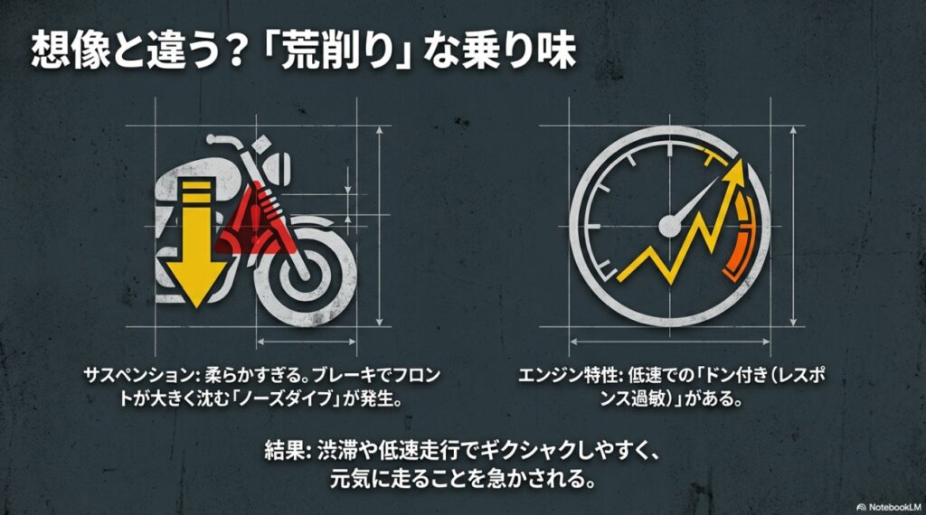 XSR700の柔らかいサスペンションによるノーズダイブと低速時のドン付き解説