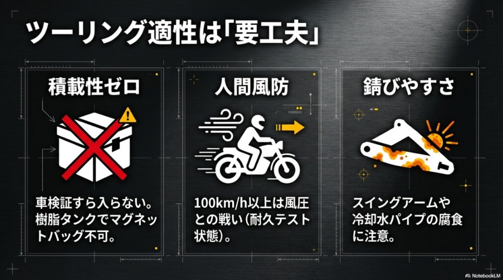 XSR700のツーリング適性における欠点（積載性ゼロ、風圧、錆びやすさ）のまとめ