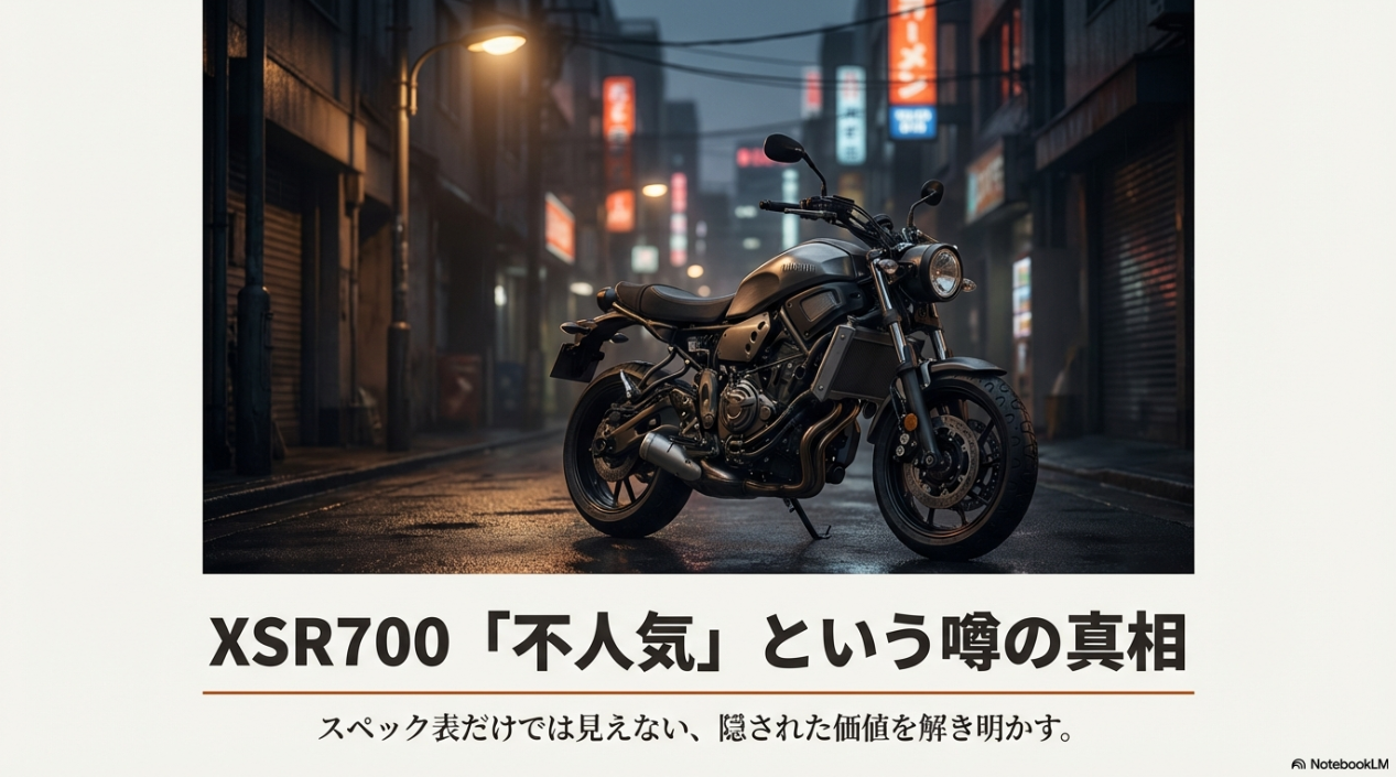 夜の街に佇むヤマハXSR700と「不人気という噂の真相」というタイトル