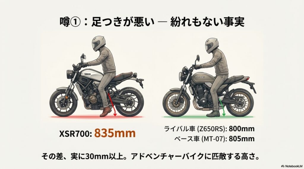 XSR700の足つきの悪さをZ650RSと比較したイラスト（シート高835mm対800mm）