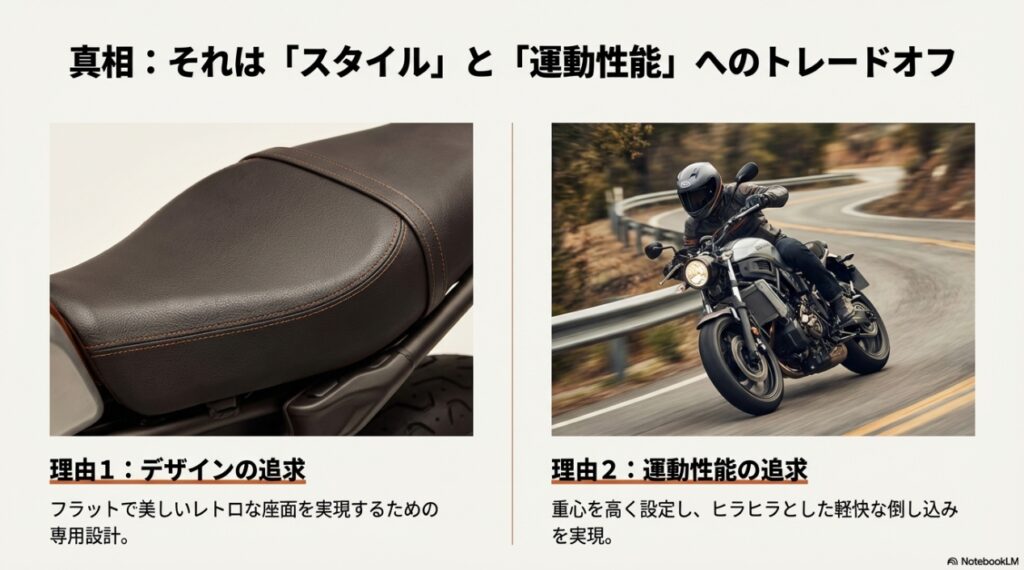 XSR700のシート高が高い理由（フラットなスタイルと軽快な運動性能のトレードオフ）