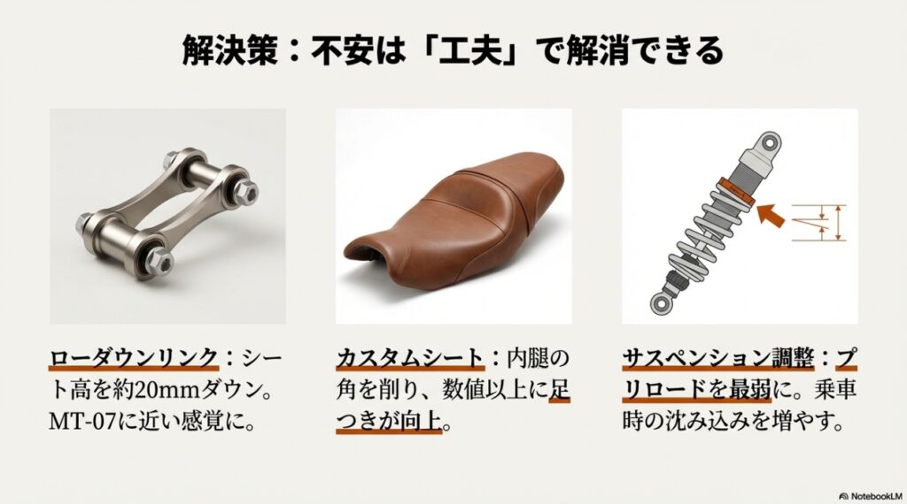 XSR700の足つき改善パーツ（ローダウンリンク、カスタムシート、サスペンション調整）