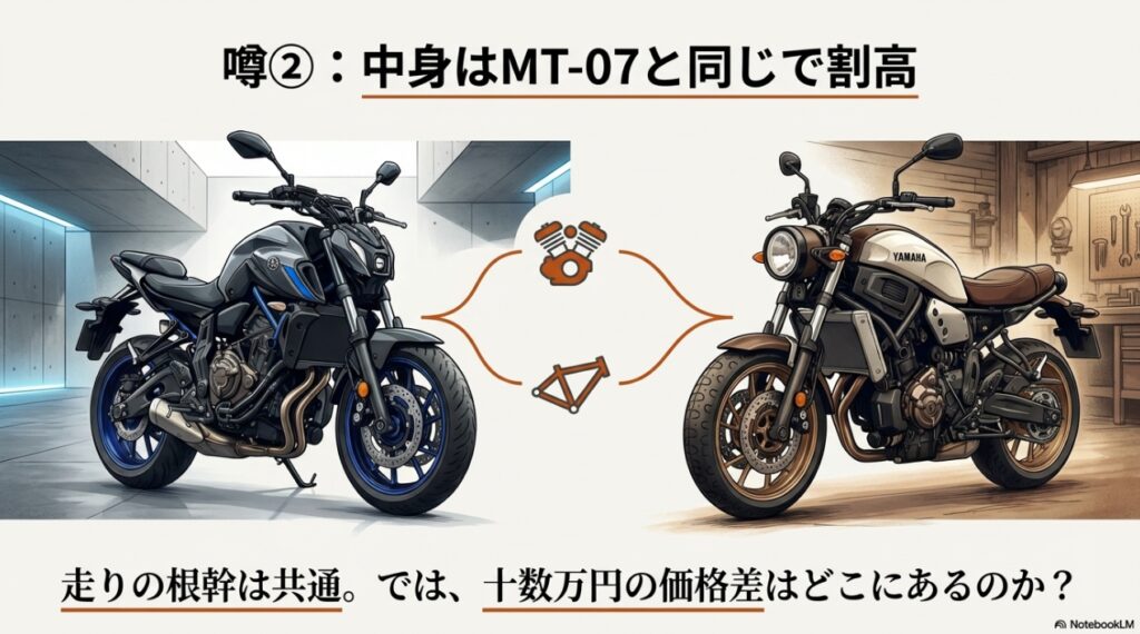 XSR700とMT-07の比較イラスト（中身は同じで価格が違う噂の検証）
